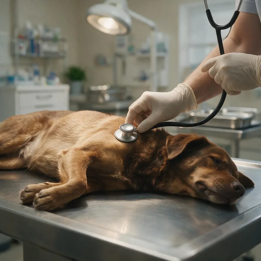 Un perro quieto y tranquilo mientras lo auscultan en la consulta