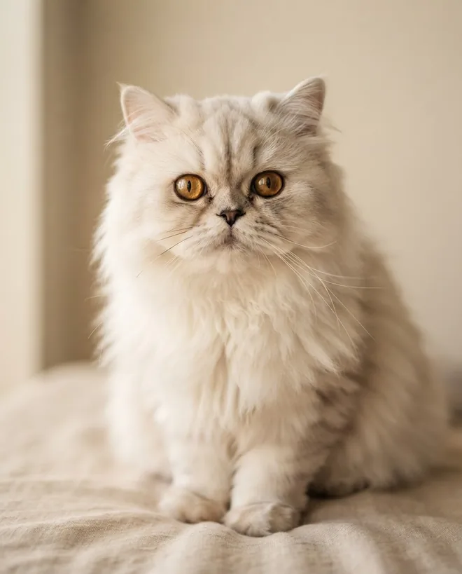 Retrato de una gata persa de pelo largo crema y blanco, con los ojos ámbar, mirando a la cámara