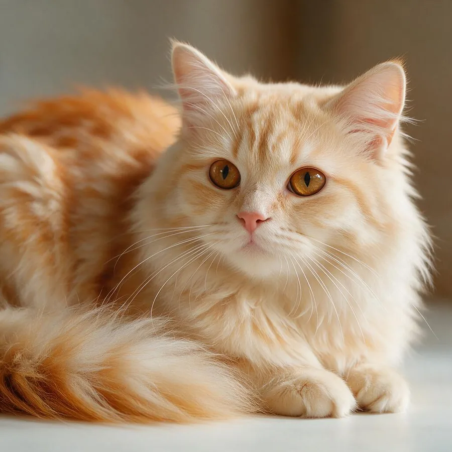 Gato de pelo largo crema y naranja, tranquilo, con los ojos ámbar