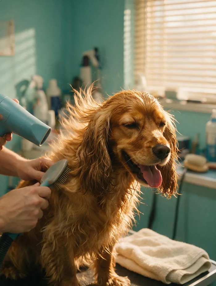 Cocker de pelo largo siendo secado con secador y cepillo después del baño