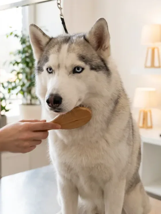 Husky siendo cepillado, tranquilo y de frente