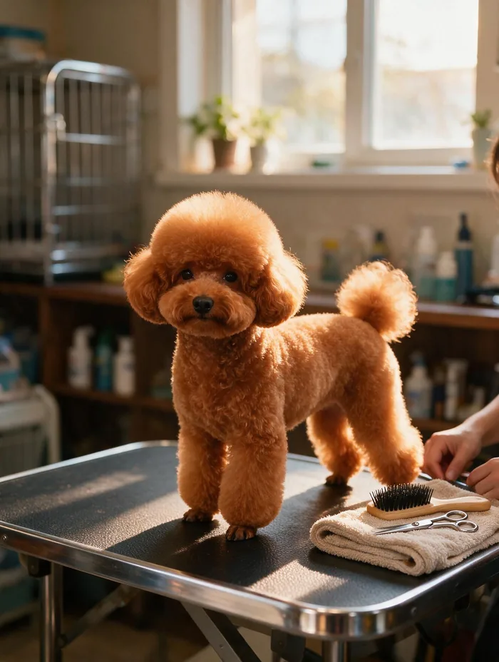 Poodle rojizo recién peluqueado, de pie y orgulloso