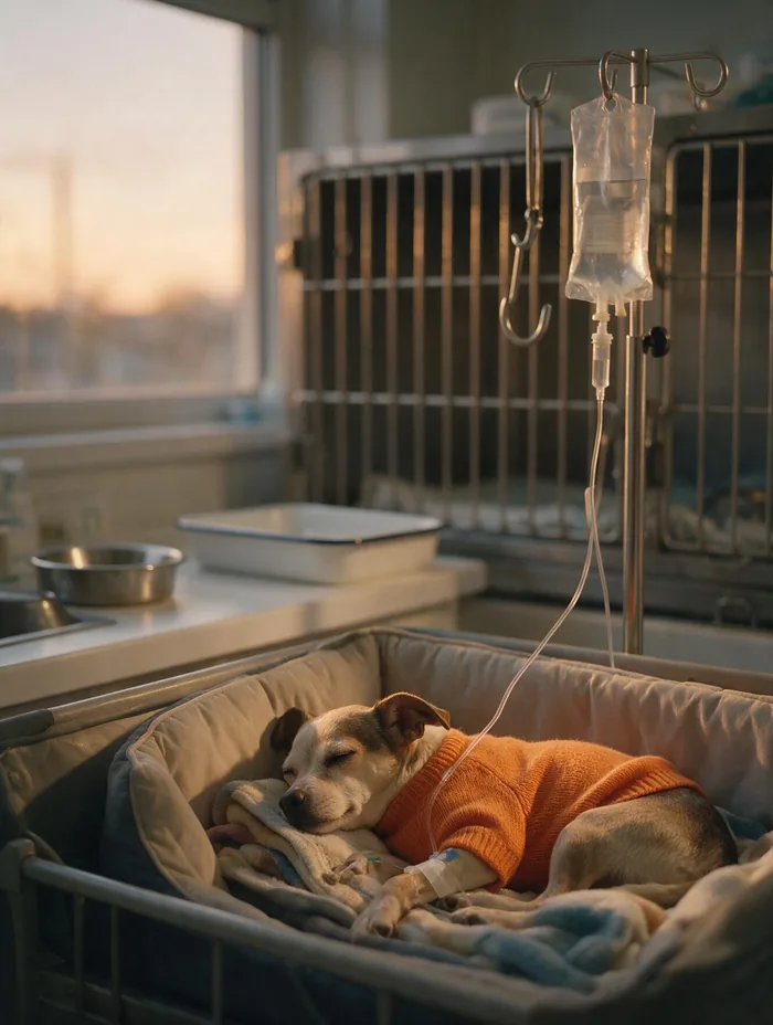Perro pequeño con buzo naranja durmiendo tranquilo, con los líquidos puestos, durante su hospitalización