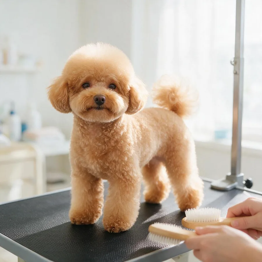Poodle recién peluqueado, contento y sin un pelo fuera de sitio
